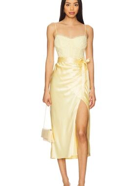 Cami NYC Pale Yellow Satin & Lace Slip Corset Midi Dress with Side Slit